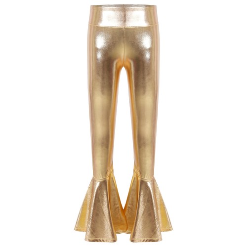 Girls High Waist Shiny Flare Legging Trousers Ruffle Bell Bottom Pants Dancewear - Picture 32 of 57