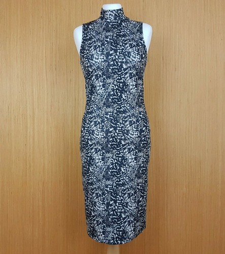 H&M Midi Dress UK 12 Black Cream Animal Print Fitted Pencil Ruffle Halter Neck