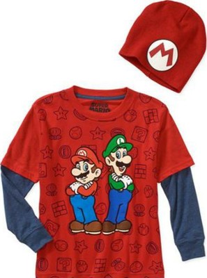 Super Mario Blue Long Sleeve t-Shirt 4-5 XS 6-7 S 8 M 14-16 XL Child with Beanie