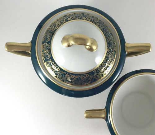 Royal Cathay China LAUREL MAGNOLIA CREAMER & SUGAR BOWL w/LID Green Gold 1950 - Picture 7 of 11