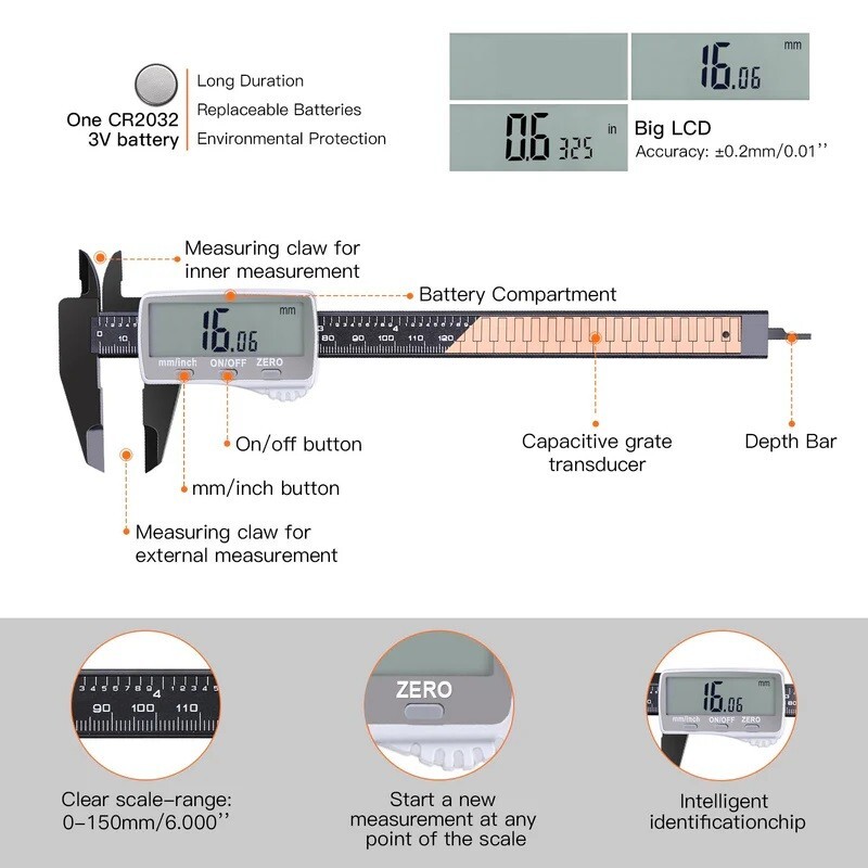 150mm 6" Digital Caliper Lightweight Measures Depth Step in Metric and ...