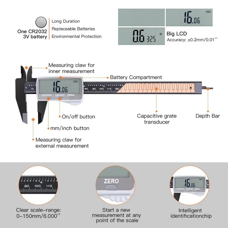 Tacklife 150 mm/6" Digitaler Bremssattel 4 Messmodi inkl. Tiefe & Schritt + Akku - Bild 2 von 4