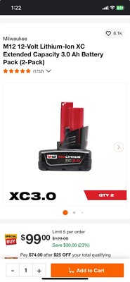 M12 12-Volt Lithium-lon XC Extended Capacity 3.0 Ah Battery Pack (2-Pack)