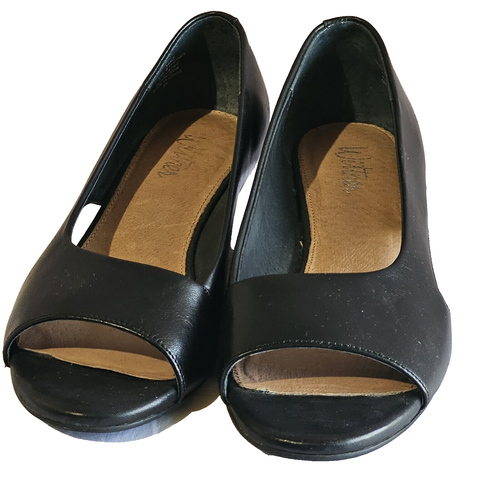 Wittner Womens Black Leather low/medium Wedge Heels Peep Toe Size 35/AU 4 work - Picture 4 of 18