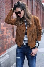 Women Brown Sweden Leather Jacket American Cow Lady Western Fringes Porter