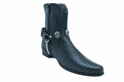 Men Metal Silver Boots Chains Fashion Western Shoe Black 2 Straps Skeleton Skull - Picture 4 of 24
