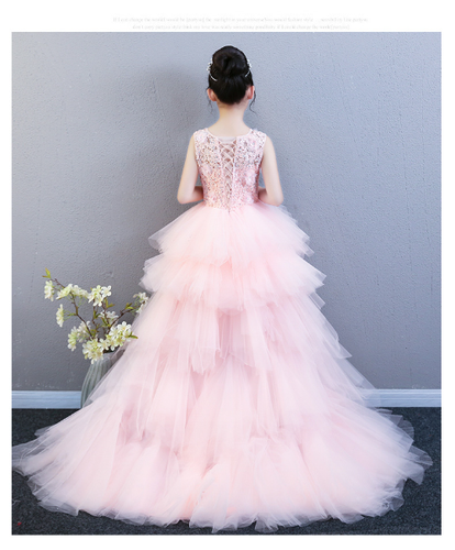 Trailing Appliques Lace Dress Kids Girls Party Ball Pageant Gown Flower Dresses - Picture 15 of 22
