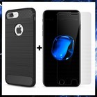 Per APPLE IPHONE 7 PLUS COVER NERA CARBON ANTIURTO + PELLICOLA VETRO TEMPERATO