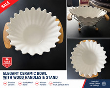 White Ceramic Serving Bowl W/ Metal Stand & Wooden Handles Fruit Candy Decorativ