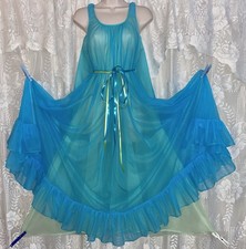 VTG M L Miss Elaine Turquoise over Key Lime Db Sheer Chiffon Nightgown Negligee