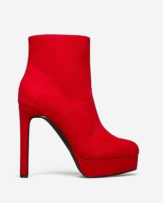 Natashia by SHOEDAZZLE, Red faux suede 5'' heel platform ankle boots, SZ 7