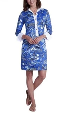 CK BRADLEY Ivy Shirt Dress Eden Blue White Collared Knit Floral Button Sz Large