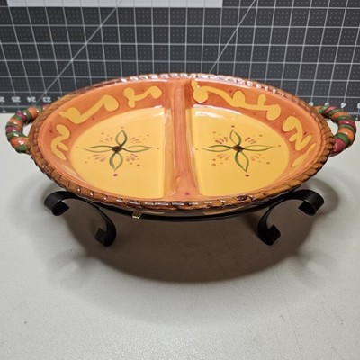 Home & Garden Party Stoneware Tuscan Oval Divided Tray & Wire Rack Stand #93116
