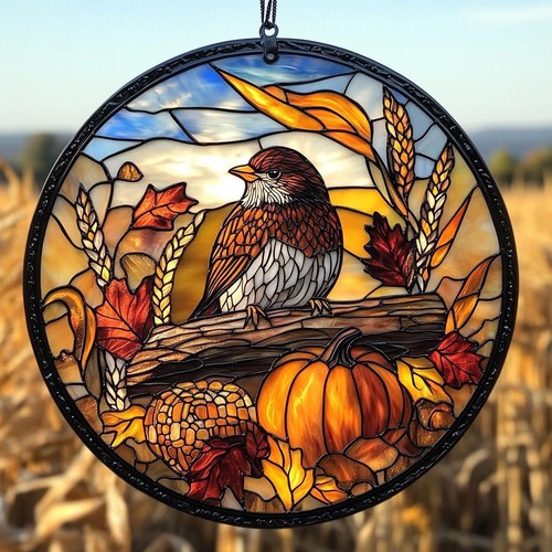 Vogel & Kürbis Herbst Buntglas Sonnenfänger Fensterbehang, Naturliebhaber Geschenk - Bild 3 von 5