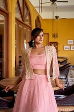 Designer Linen Crush Lehenga Choli With Embroidered Koti Women Party Wear Outfit