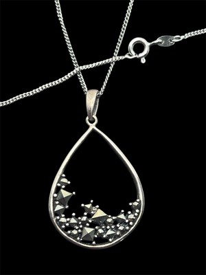 SLC sterling silver marcasite stone teardrop pendant on chain necklace vintage