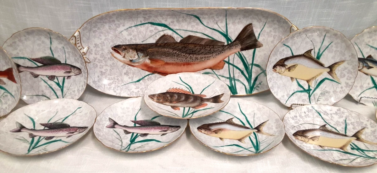 Antique Fish Set In Antique Ceramic & Porcelain Plates & Chargers