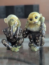 Wise See Hear Speak No Evil Monkey Rhinestone Art Metal Enamel Trinket Box Pair
