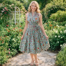 Retrolicious Made In USA Bird Floral Print Novelty Pinup Dress Lined Feminine M