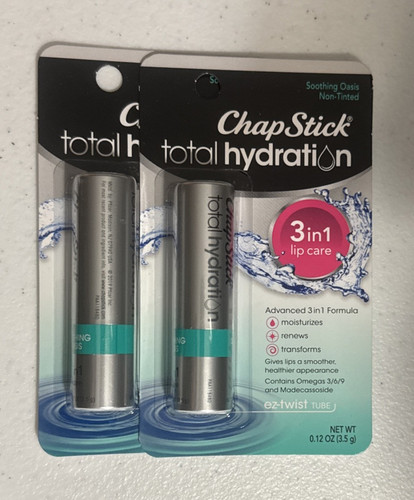 2 ChapStick Total Hydration 3 in 1 Soothing Oasis Lip Care and Balm, Non-Tinted