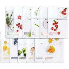 12PCS Korean Facial Sheet Mask Set Aloe Rice Tea Tree Honey Vitamin Skincare