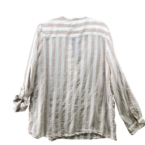 Antibes Blanc 100% Linen Top Womens XL Beige White Striped V-Neck Roll Tab - Picture 2 of 9