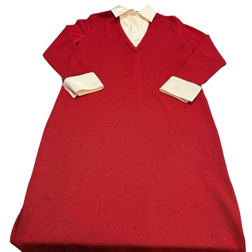 VTG Zang Toi Womens Knit Dress Red w/Sequin Beads Sz L Wool Blend White Inset - Picture 6 of 11