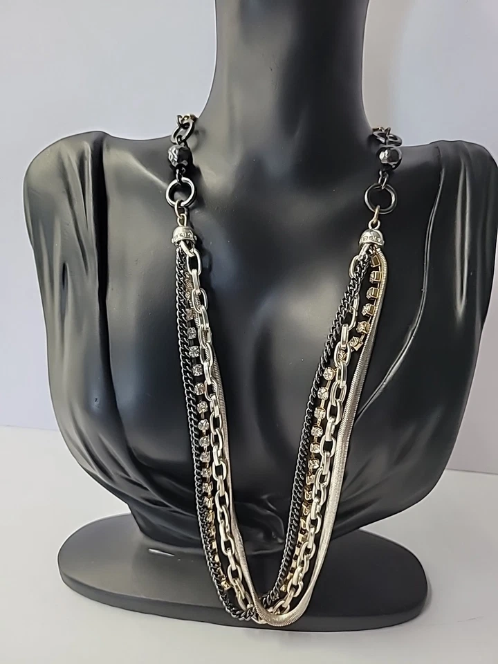 Collar Vintage Nine West Cadenas Distintivas Tono Dorado Tono Plata Cristal Cuentas Foto 3 de 4