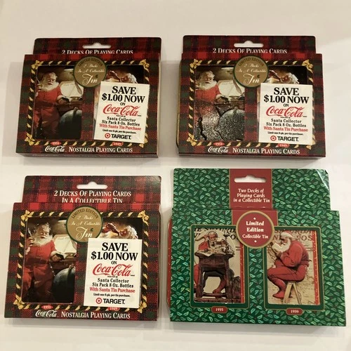 Lot of 4 VTG Coca Cola Christmas Santa Playing Cards 8 Sealed Decks w/ Tins NEW