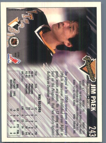 1993-94 Topps Premier Pittsburgh Penguins Jim Paek #243 - Picture 2 of 2