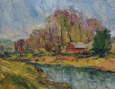 #ad Art Original Oil Painting RM Mortensen quot;Windyquot; Lake River Barn Rural Fall Trees $229.99