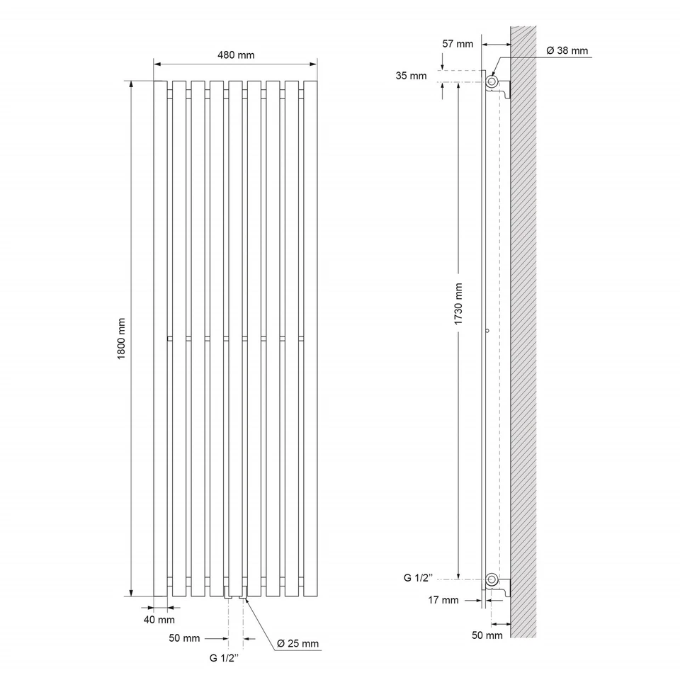 Termosifone Stella piatto verticale antracite 480x1800 mm radiatore design bagno - Immagine 2 di 4