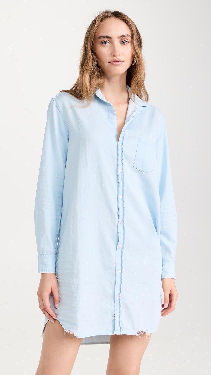 FRANK & EILEEN MARY BUTTON DOWN SHIRT DRESS IN Famous Denim Tattered Wash M
