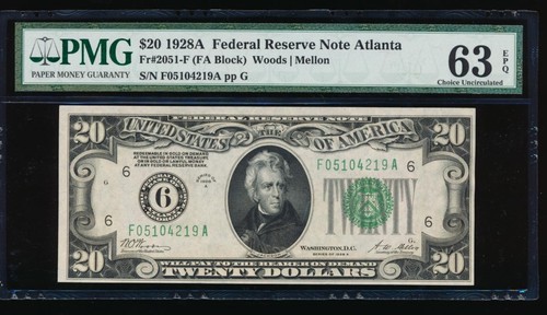 1928A 20,00 $ FEDERAL RESERVE NOTE FR#2051-F CU63EPQ PMG KOSTENLOSER VERSAND & VERSICHERUNG - Bild 1 von 2