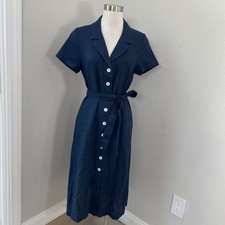 Quince Womens Small Navy Short Sleeve 100% European Linen Button Up Midi Dress