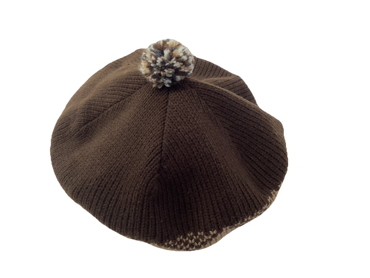 Vintage Pom Pom Beret Hat Knit Brown With Argyle Design Golf 