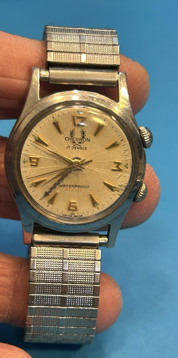 Vintage 1940's Deco Style CHEVRON Watch Swiss 17J Time & Alarm