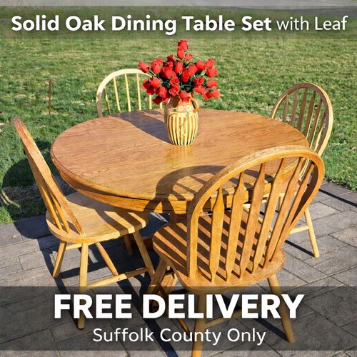 🔥 Solid Oak 41" Diameter Dining Table Set With 18" Leaf And 4 Chairs 🔥
