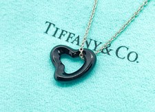 Tiffany & Co. Elsa Peretti Black Jade Open Heart Pendant Silver Necklace 16"