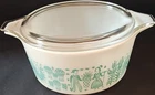 PYREX Farmhouse Milk Glass Casserole With Lid, White Turquoise, Vintage