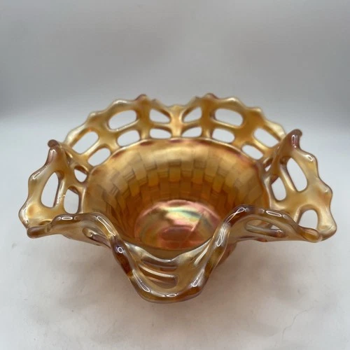 Vintage Fenton Marigold Basket Weave Carnival Glass Bowl Ruffle Open Lace Edge A