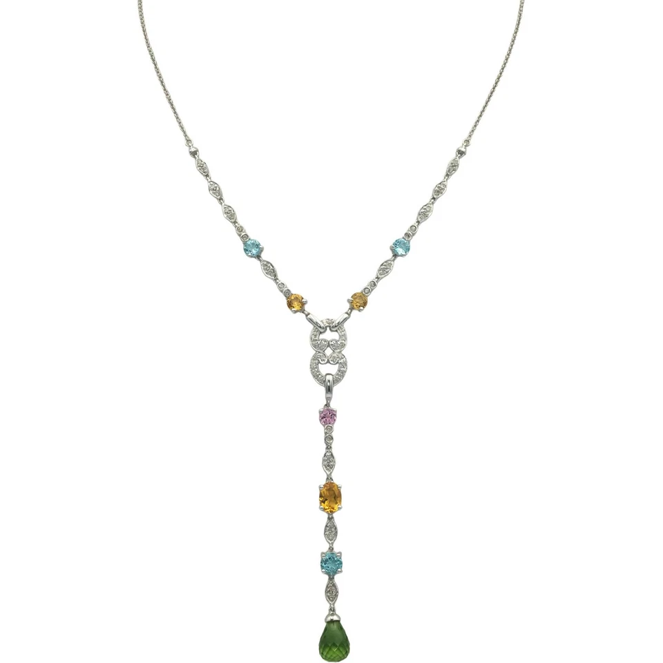 14k White Gold 0.40CT Diamond Assorted Gemstone Green Glass Formal Necklace
