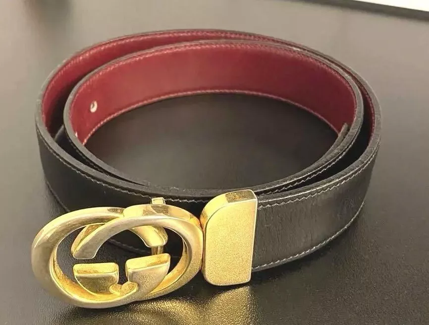 Ceinture homme GUCCI à emboîtement double G cuir noir or 5 trous Made in Italy