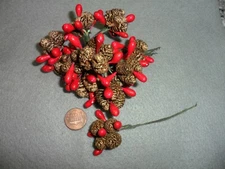 Vintage Miniature Gold Colored- Real Pinecones with Red Berries