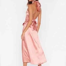 Nasty Gal Collection Halter At Us Pink Coral Satin Midi Dress Size 8 NWOT Formal