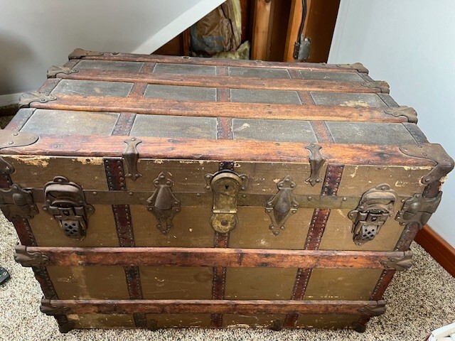 1880s EAGLE LOCK CO 米国製船旅トランク 希少140年物 Antique Steamer Trunk Eagle Lock Company Flat Top Coffee Table Top