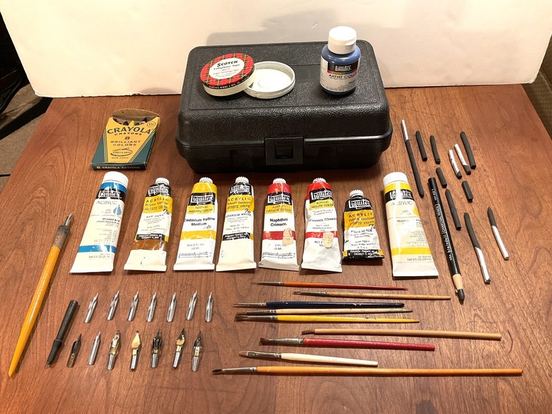 ARTIST’S ACRYLIC PAINTS , BRUSHES, PENS , CHARCOAL, CASE , over 50 items!