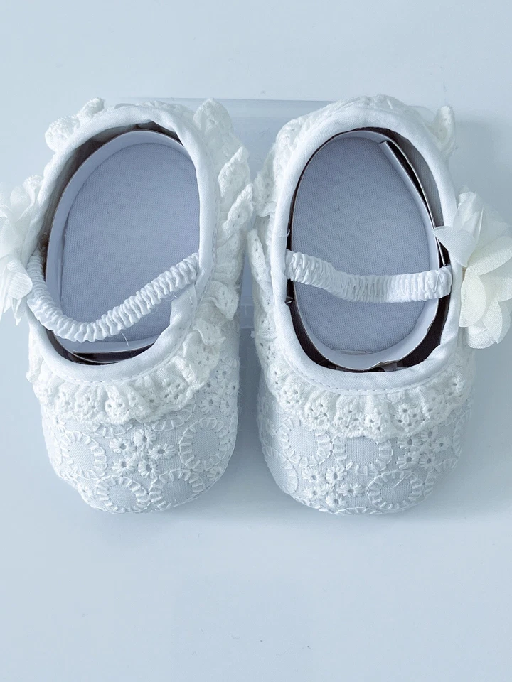 Новый Baby Girl крещение балет кремовый белый вышивка кружева цветок туфли 6-12 М - Изображение 2 из 4