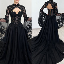 Gothic Black Wedding Dresses Long Sleeve Sweep Train Lace Applique Bridal Gowns