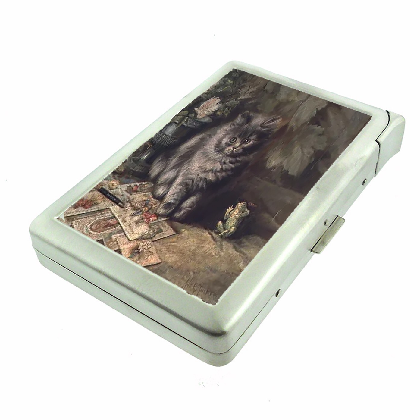 Vintage Illustration Cat and Frog Cigarette Case w/lighter ID Holder Wallet